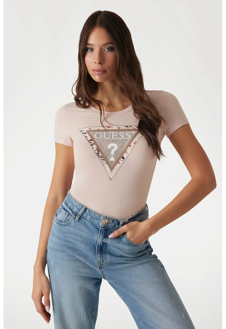 Tricou cu decolteu rotund si imprimeu logo, Alb murdar/Roz prafuit
