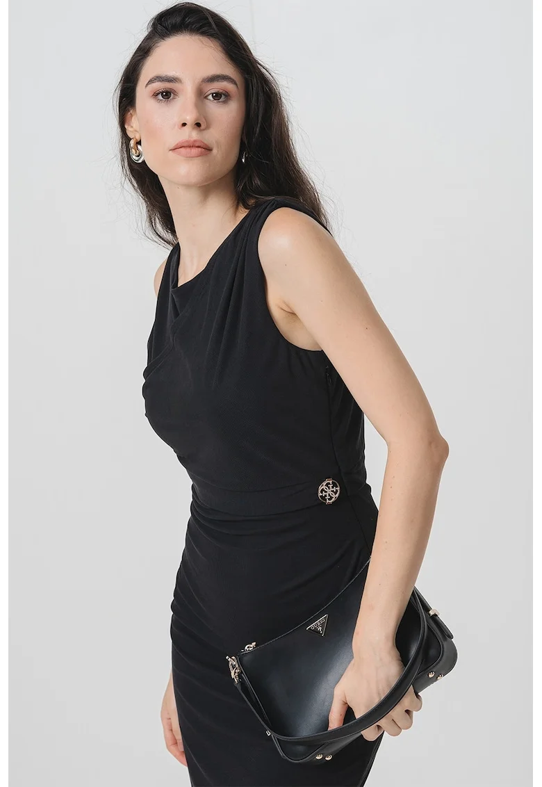 Rochie midi cambrata cu decolteu rotund, Negru