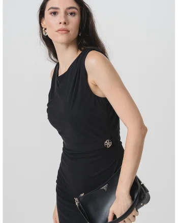 Rochie midi cambrata cu decolteu rotund, Negru