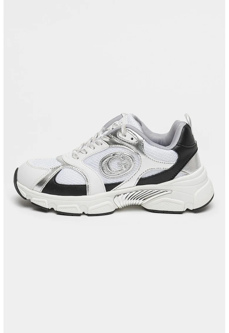 Pantofi sport cu insertii de plasa, Alb/Negru/Argintiu