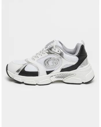 Pantofi sport cu insertii de plasa, Alb/Negru/Argintiu