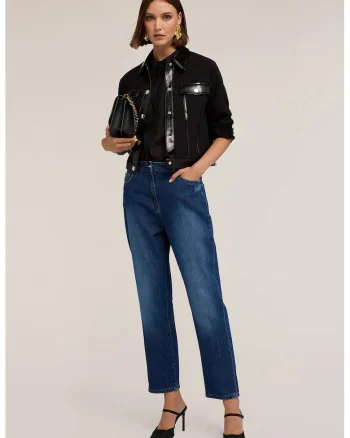Blugi crop cu talie medie, Albastru melange