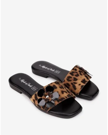 Sandale dama maro cu negru din piele cu floare model tip papuc
