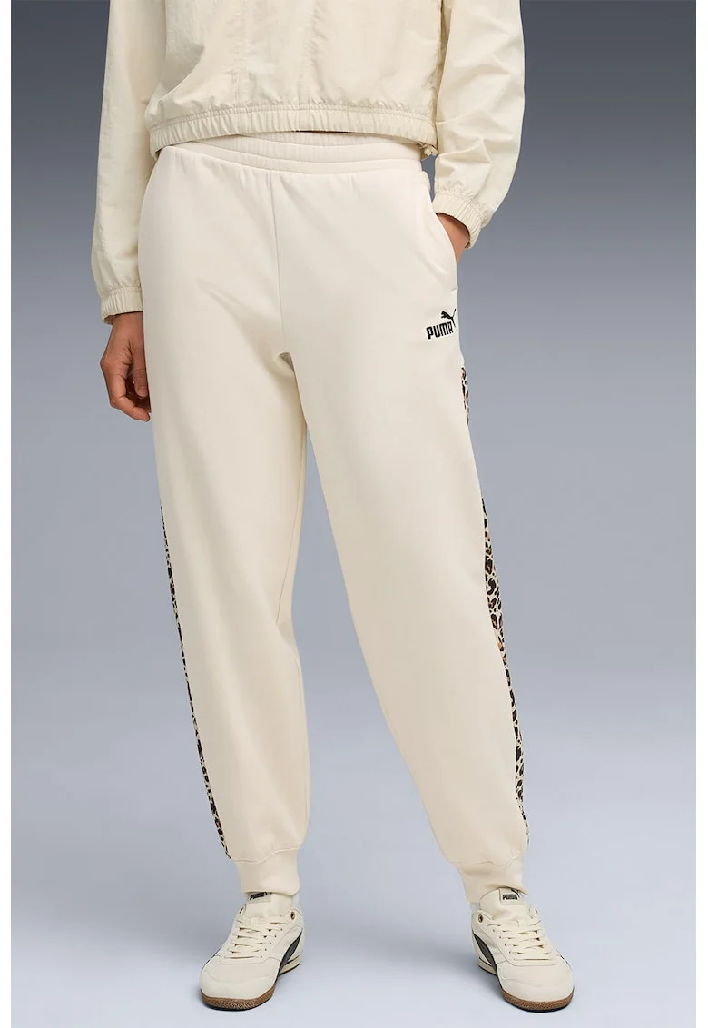 Pantaloni de trening cu imprimeu grafic si benzi laterale contrastante Ess, Alb fildes