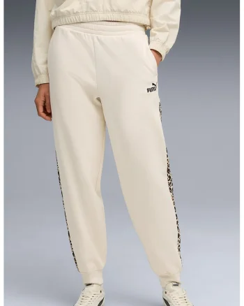 Pantaloni de trening cu imprimeu grafic si benzi laterale contrastante Ess, Alb fildes