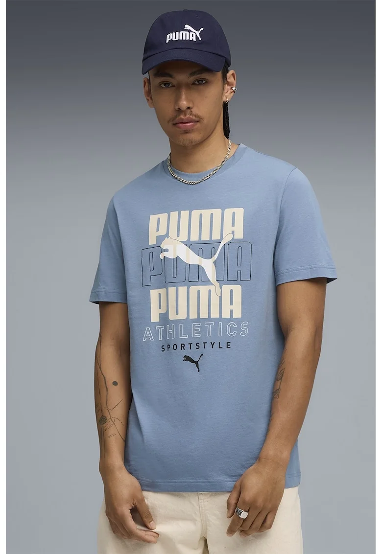 Tricou din amestec de bumbac cu imprimeu logo, Albastru deschis/Crem
