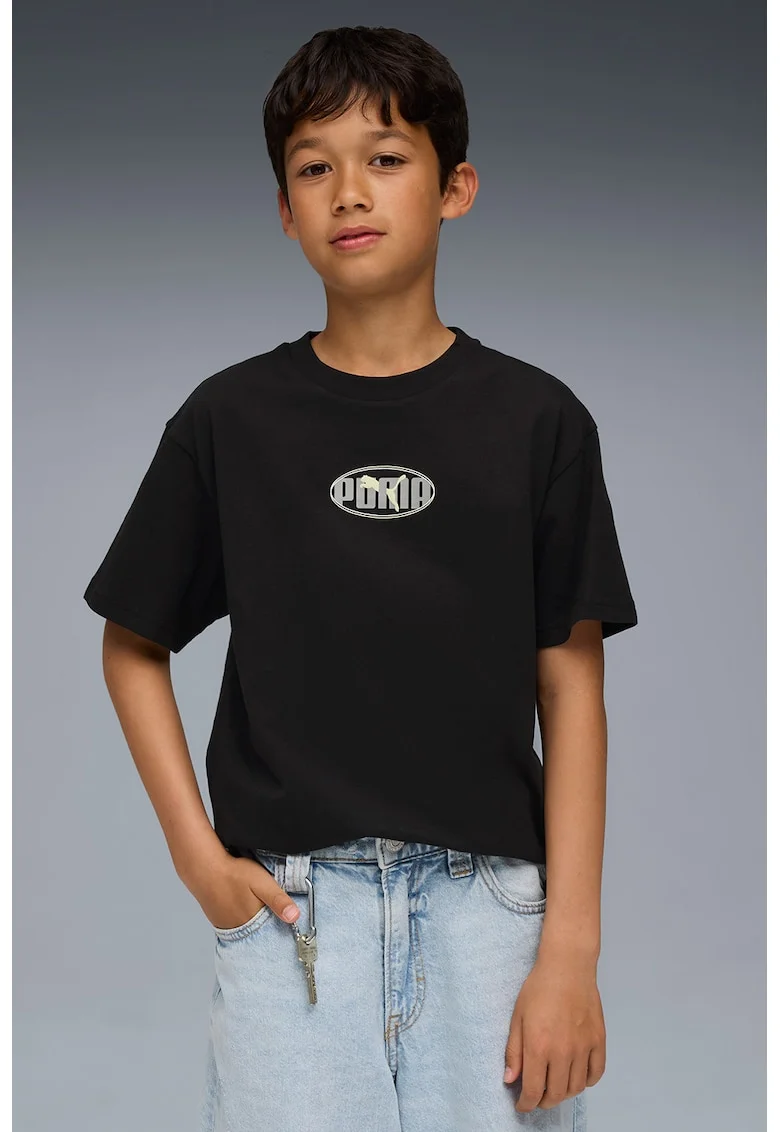 Tricou cu imprimeu si decolteu la baza gatului, Negru/Gri deschis/Galben deschis
