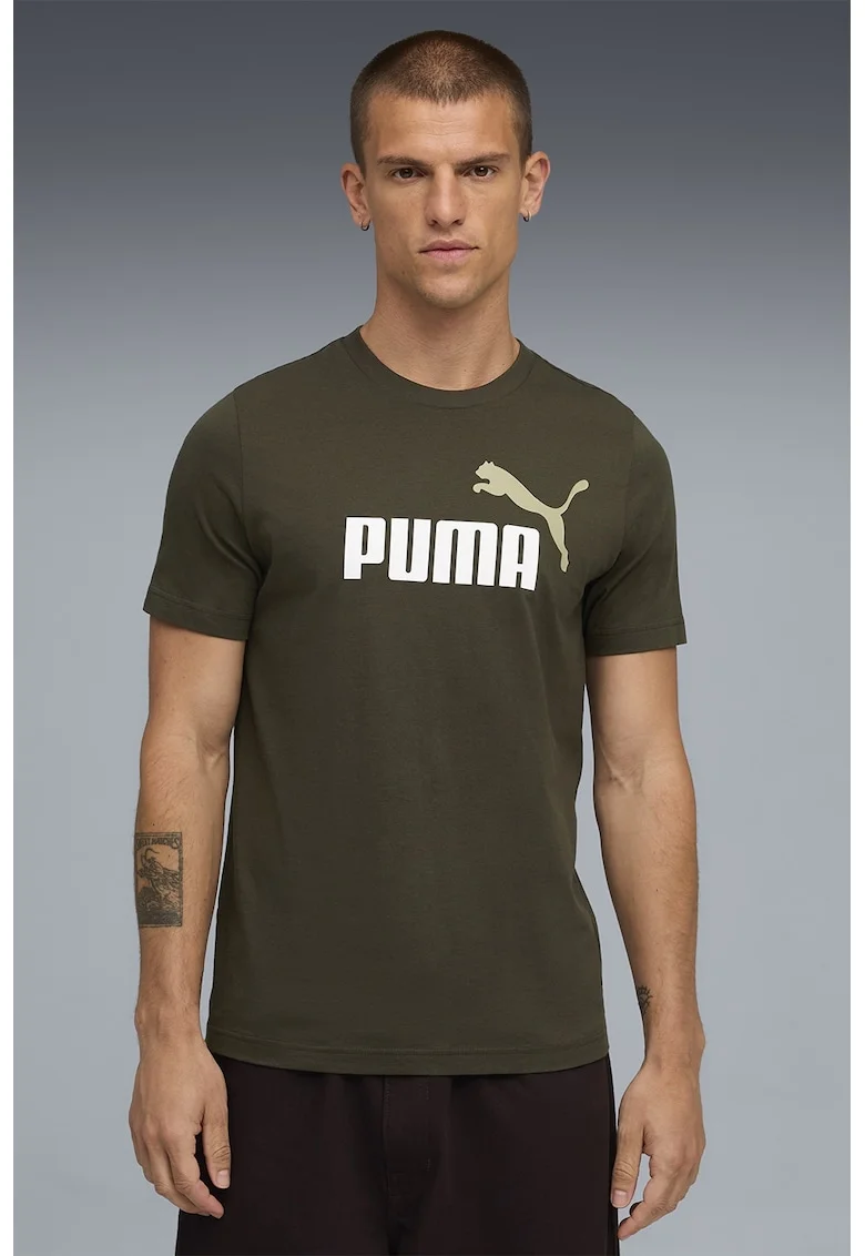 Tricou cu decolteu la baza gatului si imprimeu logo Essentials 2, Kaki inchis