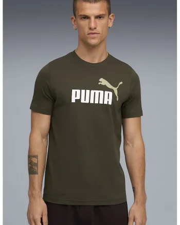 Tricou cu decolteu la baza gatului si imprimeu logo Essentials 2, Kaki inchis