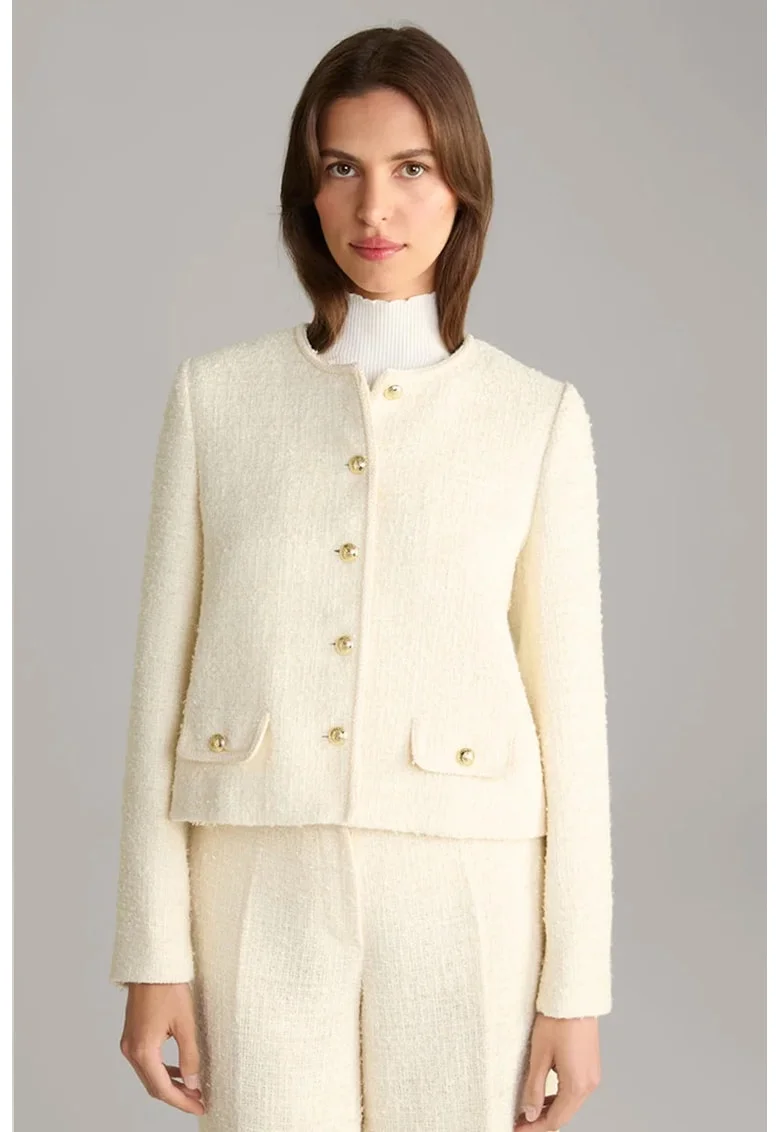Sacou crop, fara guler, cu inchidere prin nasturi tip butoni, Crem