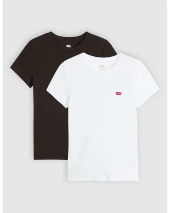 Set de tricouri slim fit de bumbac cu decolteu rotund - 2 piese, Alb/Maro inchis
