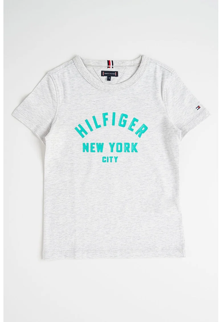 Tricou cu decolteu la baza gatului si imprimeu logo, Verde/Gri melange
