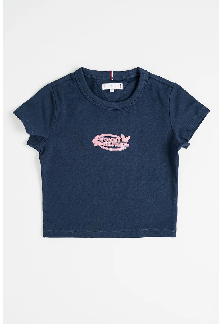 Tricou cu decolteu la baza gatului si imprimeu logo, Albastru ultramarin