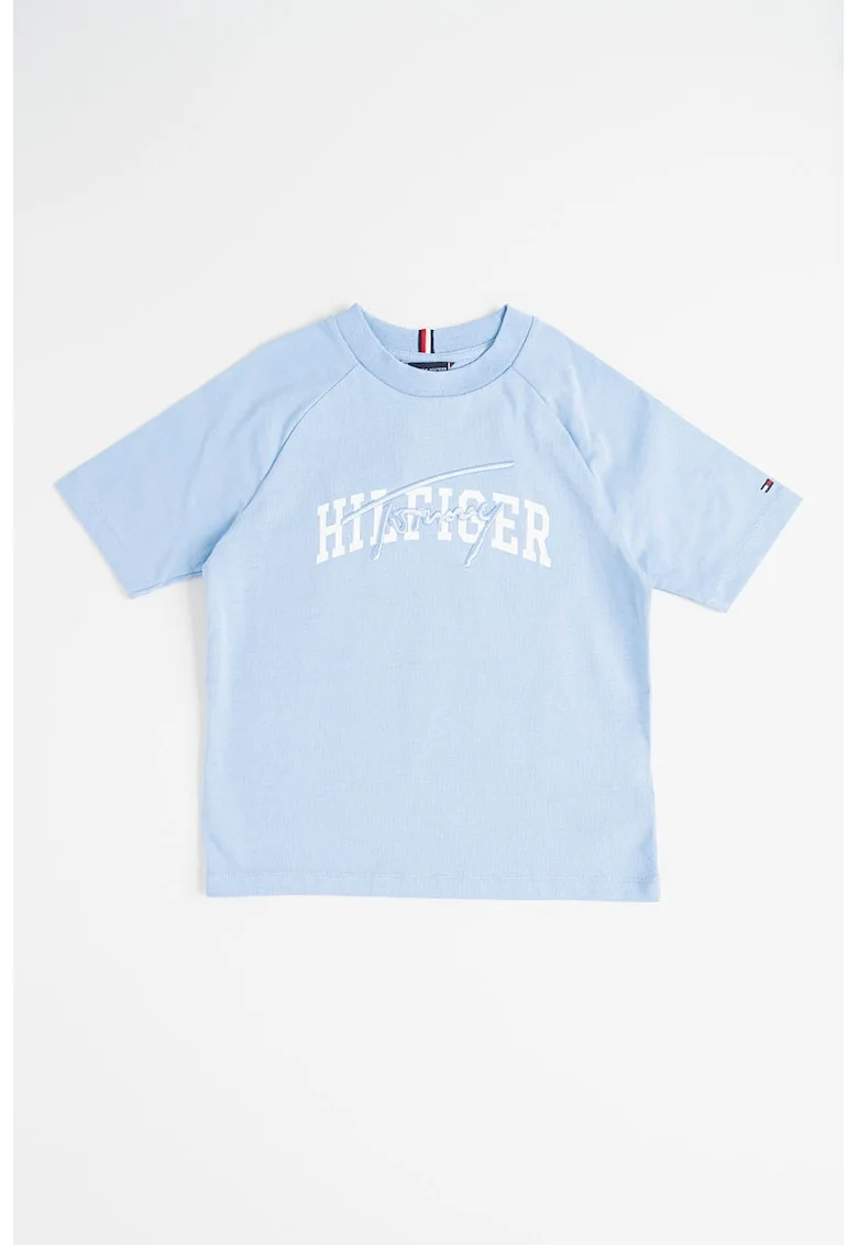 Tricou cu decolteu la baza gatului si imprimeu, Alb/Albastru pastel