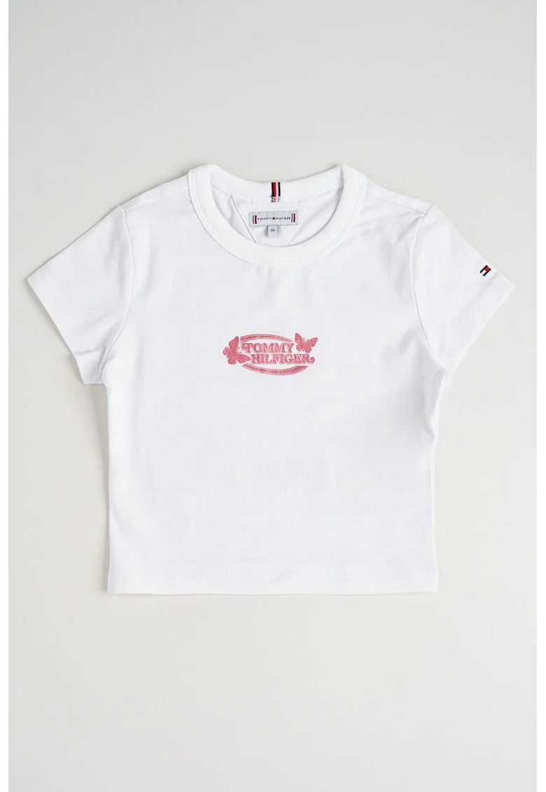 Tricou cu decolteu la baza gatului si imprimeu logo, Alb optic/Roz