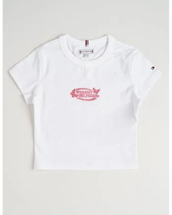 Tricou cu decolteu la baza gatului si imprimeu logo, Alb optic/Roz