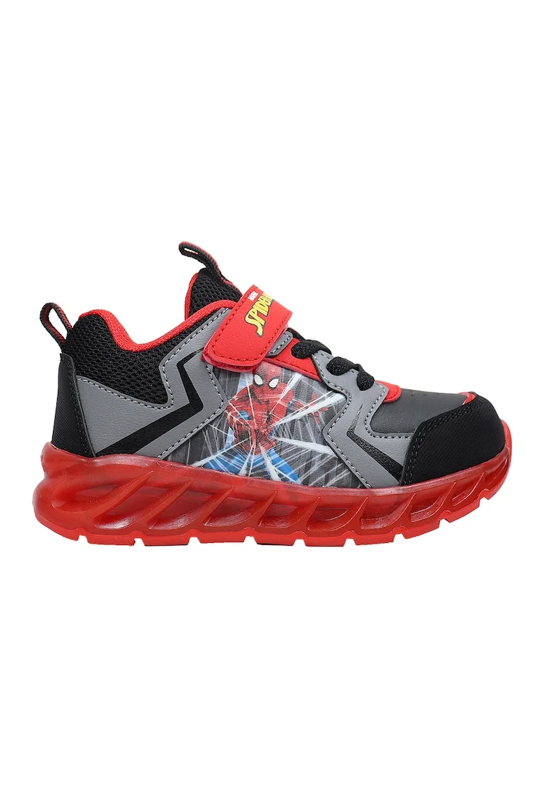Pantofi sport cu velcro si imprimeu Spiderman, Negru/Rosu vermillion/Gri inchis