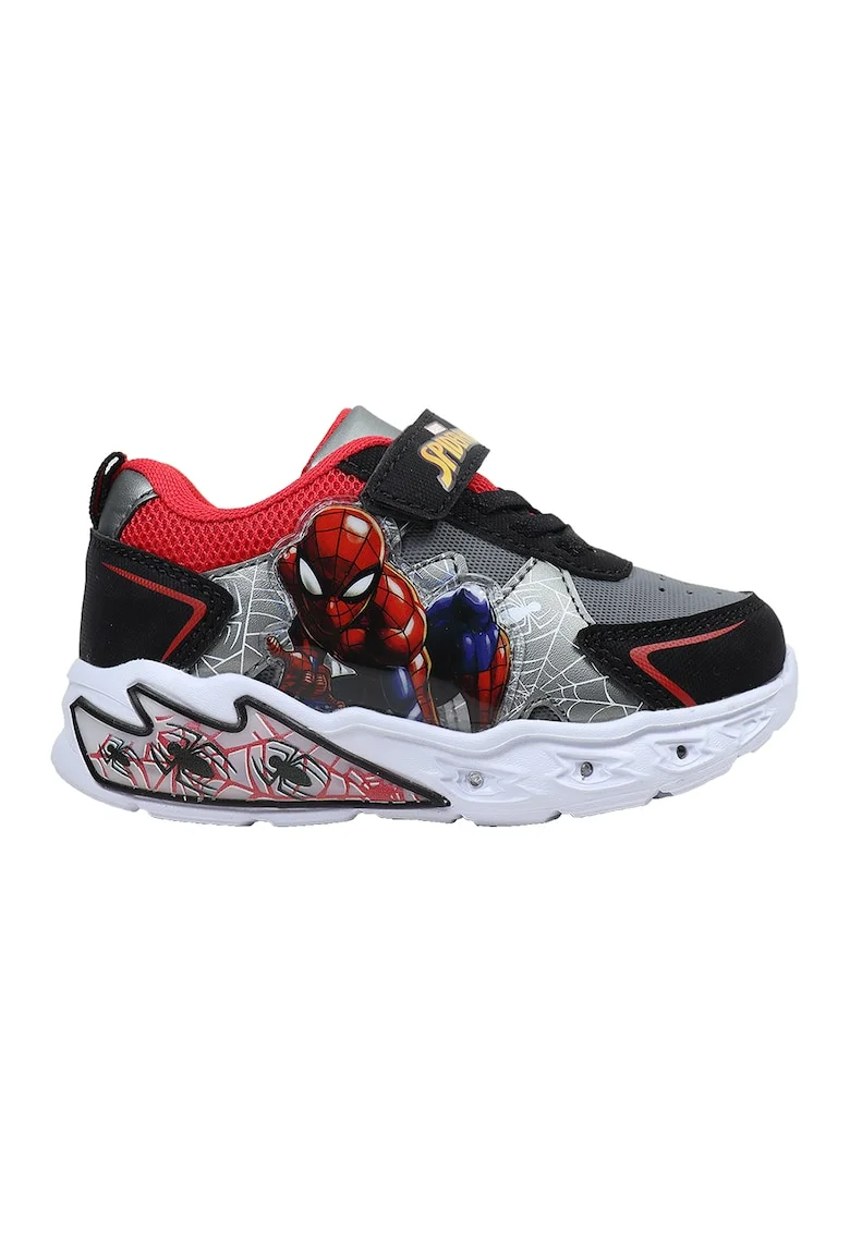 Pantofi sport cu velcro si imprimeu Spiderman, Negru/Rosu vermillion/Gri inchis