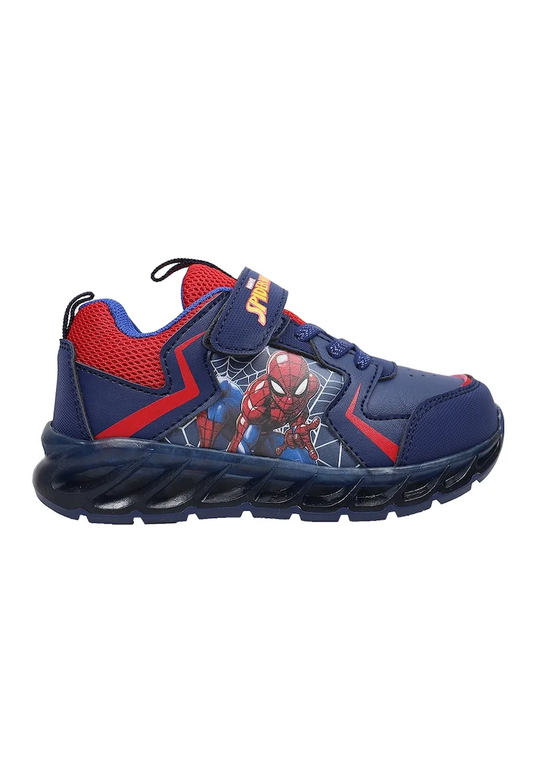 Pantofi sport cu velcro si imprimeu Spiderman, Albastru inchis/Rosu vermillion