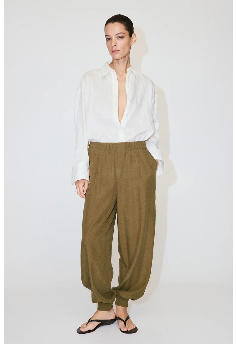 Pantaloni balloon fit cu talie inalta, Verde masliniu