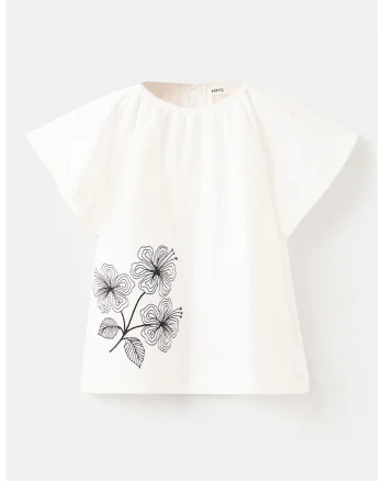 Tricou de bumbac cu imprimeu floral, Alb/Negru