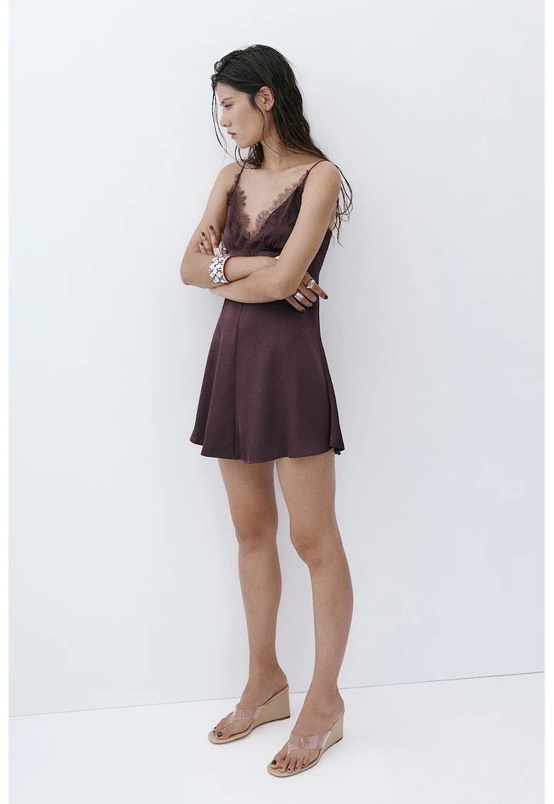 Rochie de satin cu dantela, Violet pruna