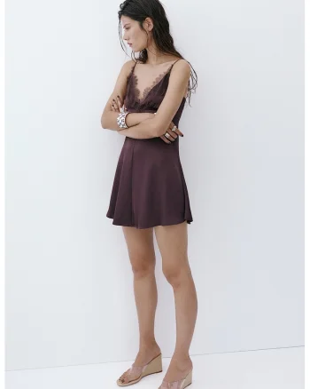 Rochie de satin cu dantela, Violet pruna