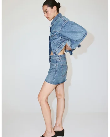Fusta mini din denim cu terminati nefinisata, Albastru inchis