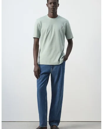 Tricou din bumbac cu decolteu la baza gatului, Verde turcoaz
