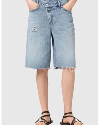 Bermude din denim cu croiala ampla si detalii cu aspect deteriorat Aki, Albastru pastel