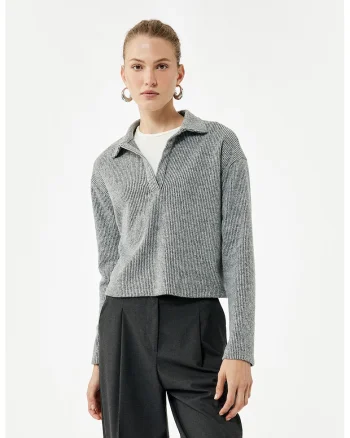 Pulover polo striat, Gri melange