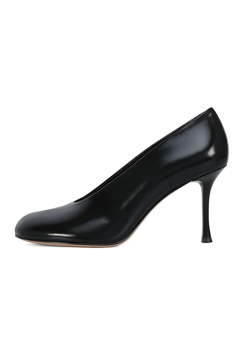Pantofi din piele cu varf rotund si toc stiletto, Negru