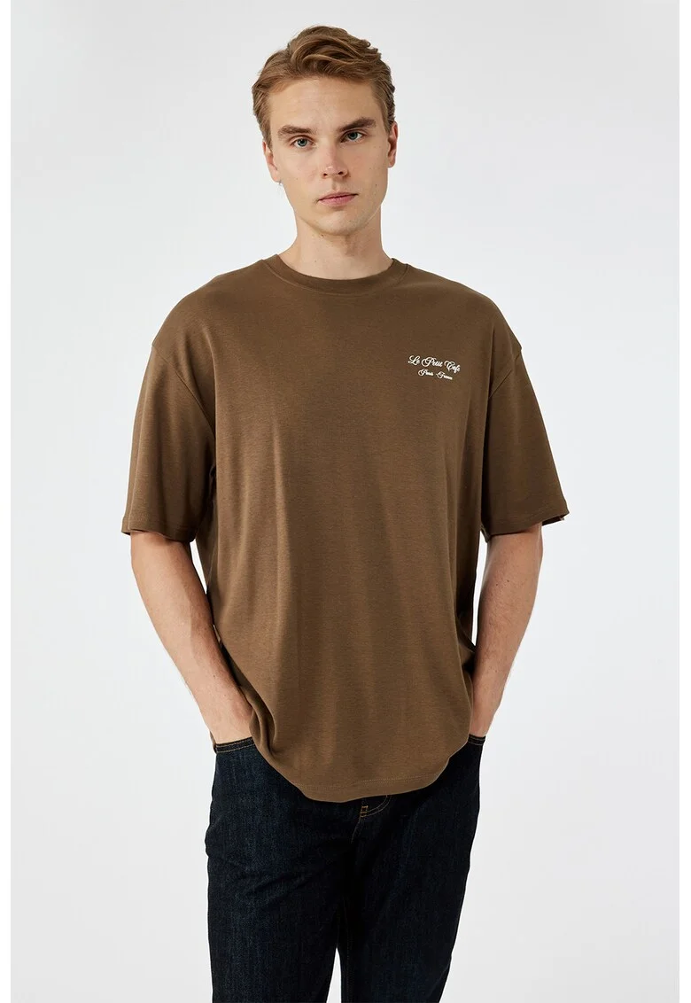 Tricou regular fit cu decolteu la baza gatului, Maro deschis