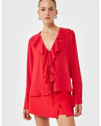 Bluza lejera cu volane si snururi frontale, Rosu vermillion