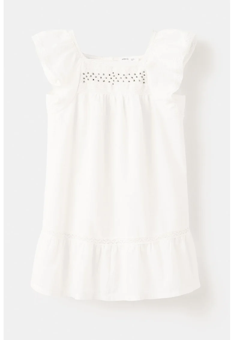 Rochie din bumbac cu decoratii cu margele, Alb