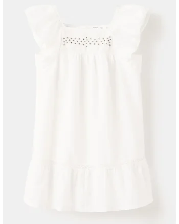 Rochie din bumbac cu decoratii cu margele, Alb