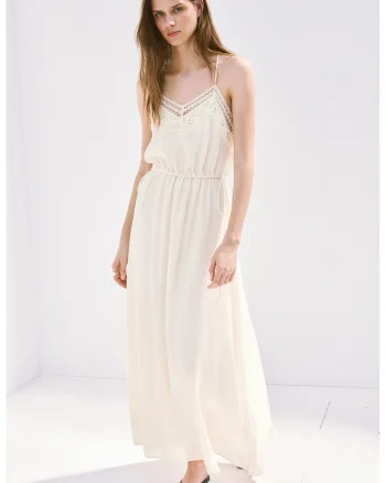 Rochie maxi cu decolteu cu broderie, Alb fildes