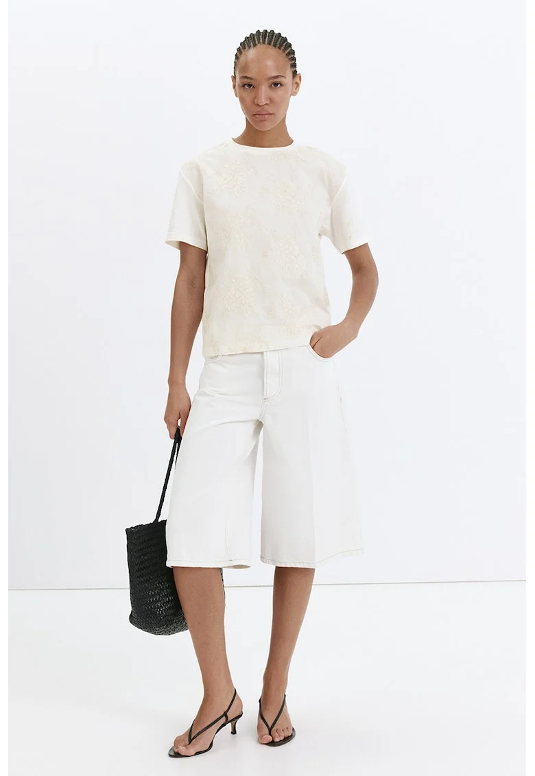 Tricou de bumbac cu broderie florala, Alb fildes