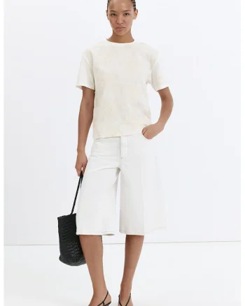 Tricou de bumbac cu broderie florala, Alb fildes