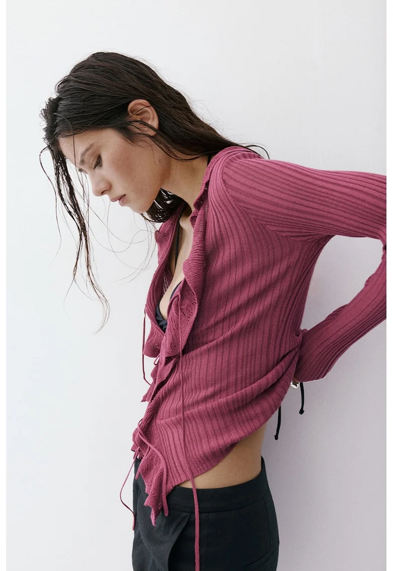 Cardigan striat din tricot cu volane, Rosu prafuit