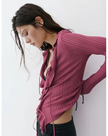 Cardigan striat din tricot cu volane, Rosu prafuit
