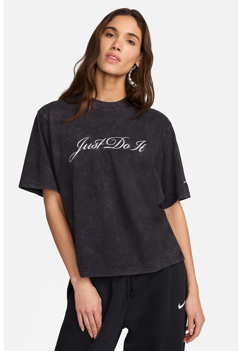 Tricou din bumbac cu broderie logo, Negru stins