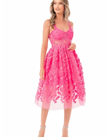 Rochie din tul fara maneci cu broderie, Fucsia