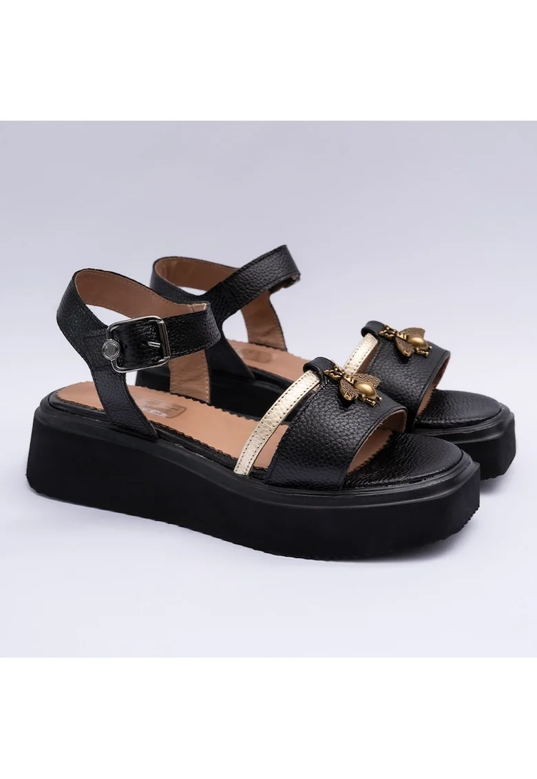 Sandale dama din piele naturala, negru cu auriu, Negru