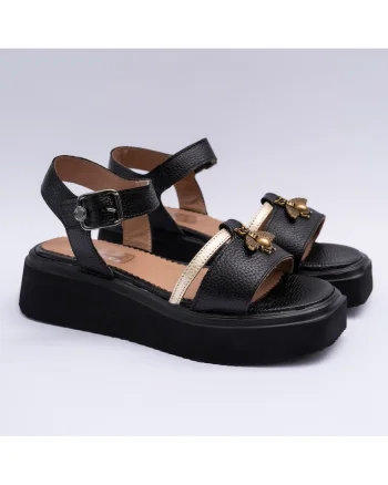 Sandale dama din piele naturala, negru cu auriu, Negru