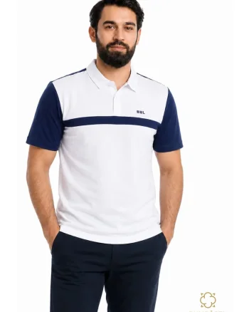 Tricou Polo barbati din bumbac, cu imprimeu, alb-albastru