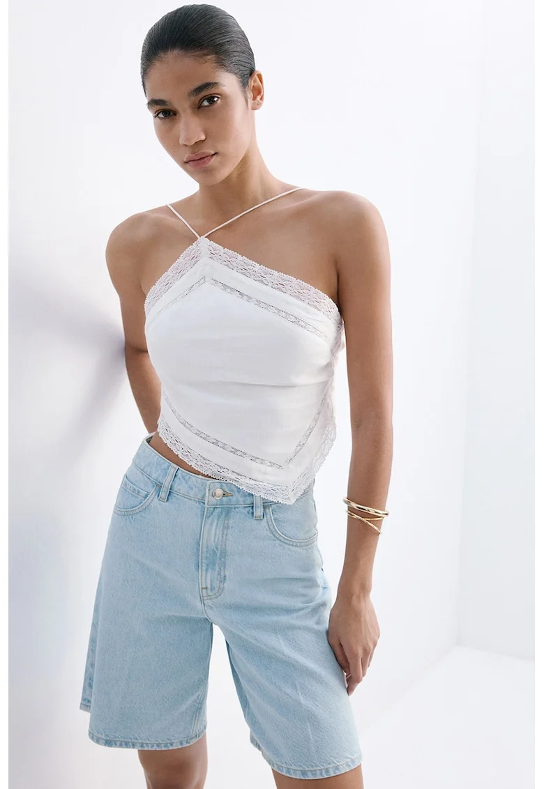 Pantaloni scurti din denim cu croiala dreapta si talie inalta, Albastru deschis