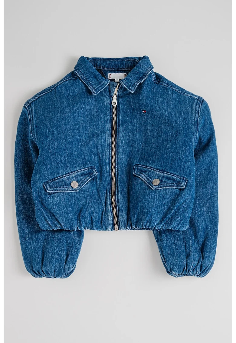 Jacheta crop din denim cu fermoar, Albastru royal