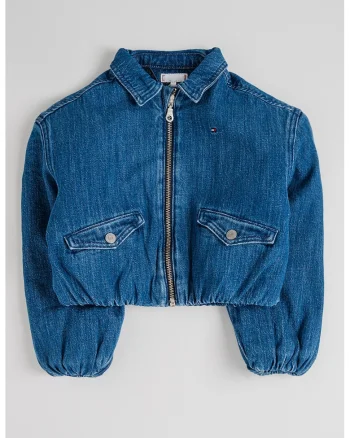 Jacheta crop din denim cu fermoar, Albastru royal