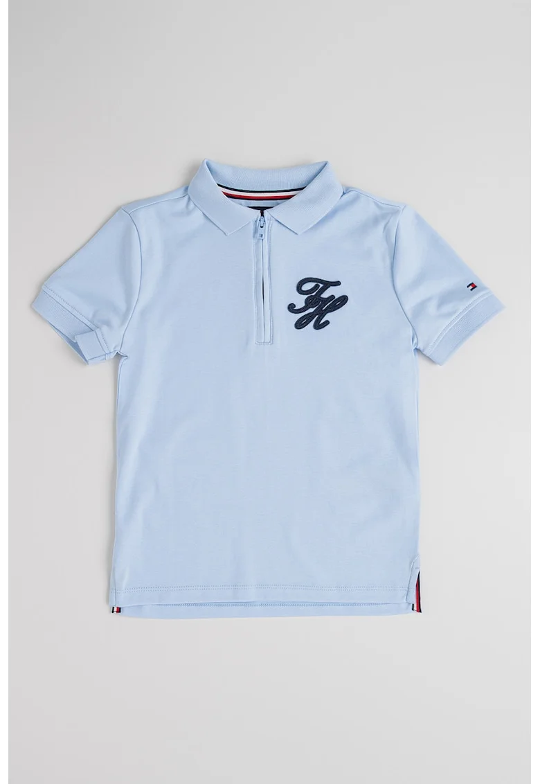 Tricou polo cu fenta scurta cu fermoar, Albastru pastel